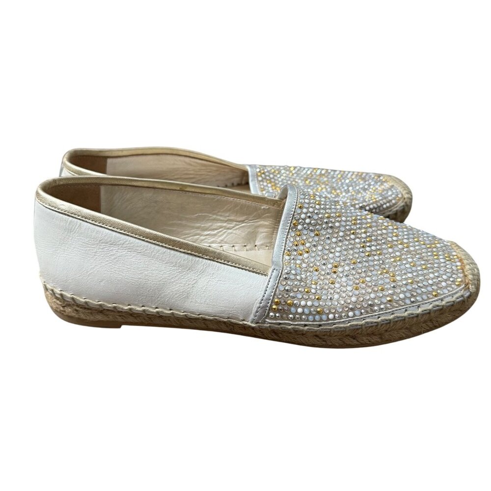 Rene Caovilla Swarovski Crystal Embellished White Leather Espadrille Flats 7